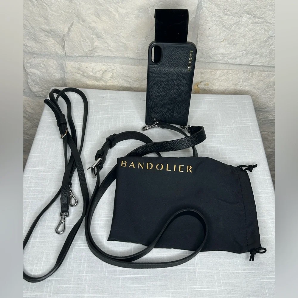 Bandolier I-Phone 2 XR Case Black Pebble Leather Two Straps with Nylon Pouch